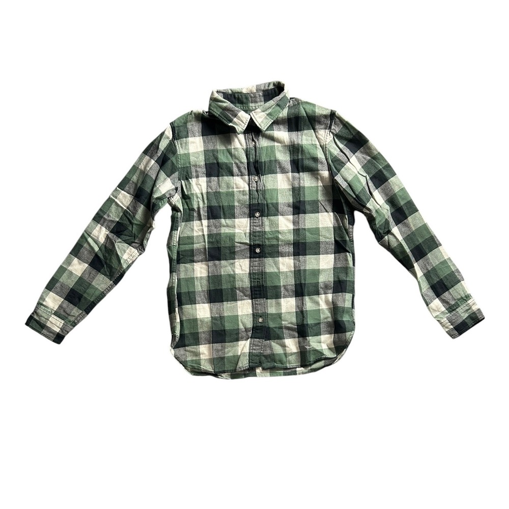 Uniqlo Kids Flannel Shirt Green Black Buffalo Plaid Button Down XS 231-412262